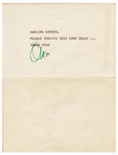 Orson Welles Typed Letter Signed to Los Angeles Film Columnist Kendis Rochlen -- ''...Please forgive this lone delay...''