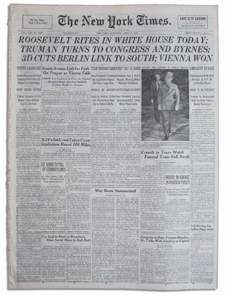 President Roosevelt's Death Is Reported in This 14 April 1945 Issue of ''The New York Times'' -- ''Roosevelt Rites in White House Today''
