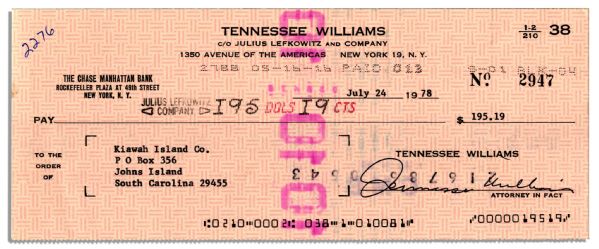 Tennessee Williams Signed Check