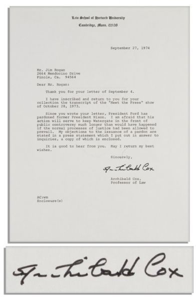 2 Watergate Letters by Archibald Cox & Elliot Richardson -- ''...Nixon's resignation was in his own, as well as the country's best interest...'' & ''...Ford has pardoned former President Nixon...''