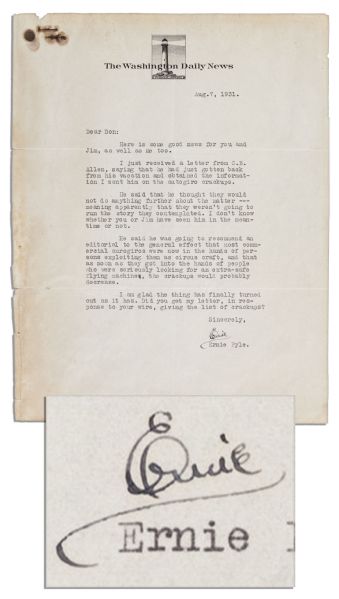 Pulitzer-Prize-Winning Journalist Ernie Pyle Typed Letter Signed