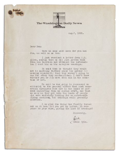 Pulitzer-Prize-Winning Journalist Ernie Pyle Typed Letter Signed