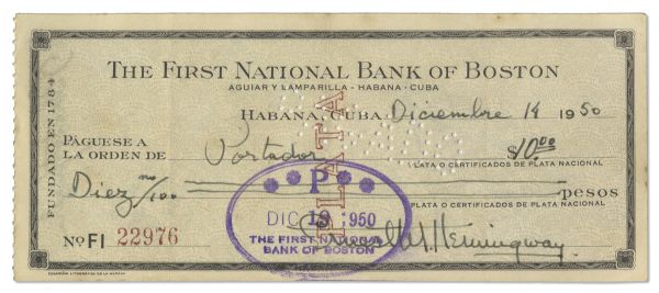 Ernest Hemingway Signed Check From 1950 -- Filled Out Entirely in His Hand