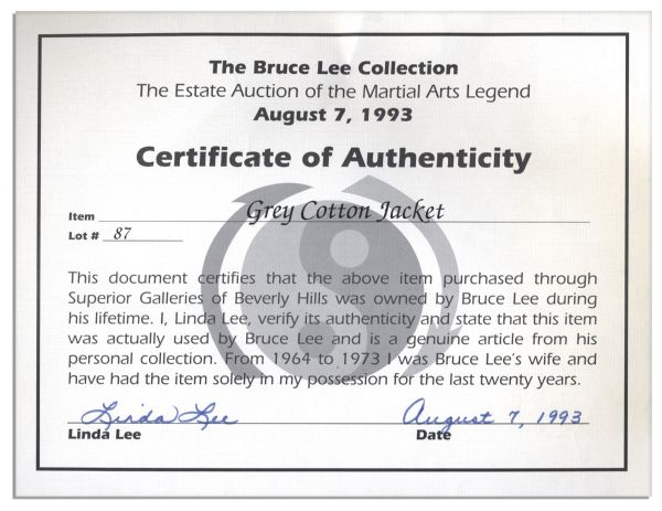 Bruce Lee's Grey Cotton Jacket -- With a COA From His Widow, Linda Lee Who States It Was One of Bruce's Favorite Jackets