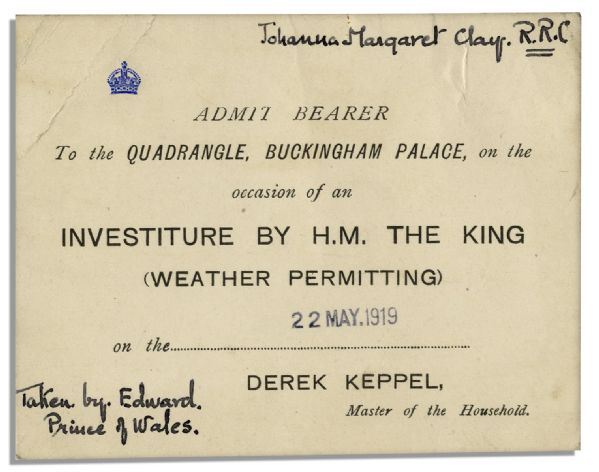 King George V Ticket to His 1919 Investiture at Buckingham Palace