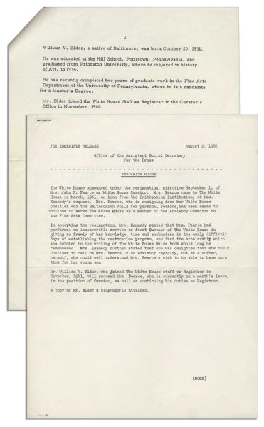 Jackie Kennedy White House Press Release -- Announcing the Resignation of the Artistic Curator During the Famous Renovation of the White House