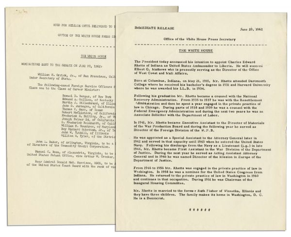 President John F. Kennedy 1962 Press Releases
