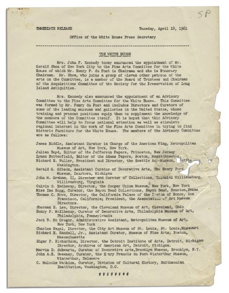 President John F. Kennedy 1961 Press Release -- Appointing the White House Fine Arts Committee Members
