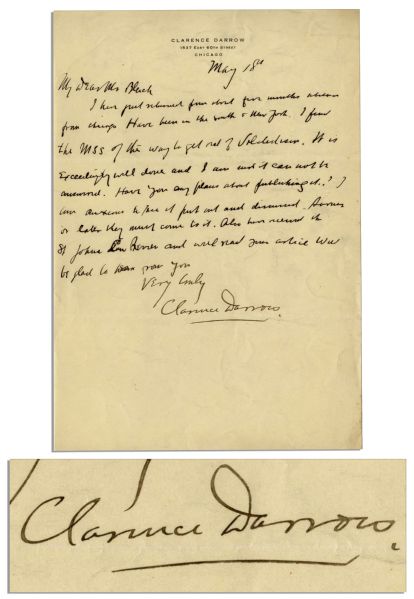 Clarence Darrow Autograph Letter Signed Regarding Prohibition -- ''...the way to get rid of Volsteadism...''