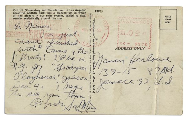 Sal Mineo Autograph Letter Signed on a Postcard Sent Less Than One Week After the Premiere of ''Rebel Without a Cause'' -- Postcard Depicts the Famous Griffith Observatory From ''Rebel''