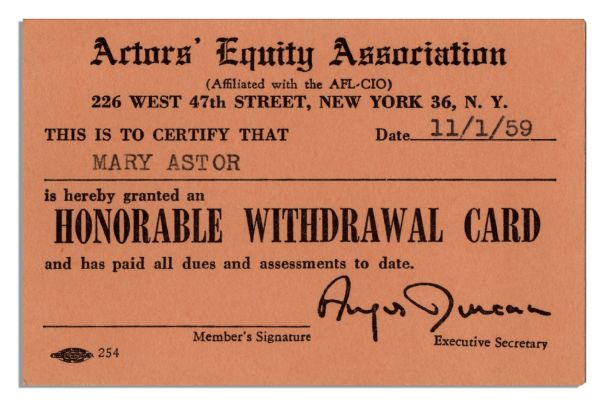 Mary Astor's Union Card, Given to Her Upon Her Retirement -- From the Actor's Equity Association