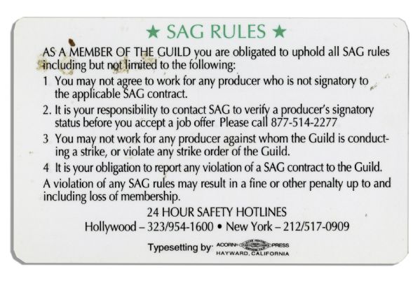 SAG Union Card Belonging to Football Legend & Actor Bubba Smith