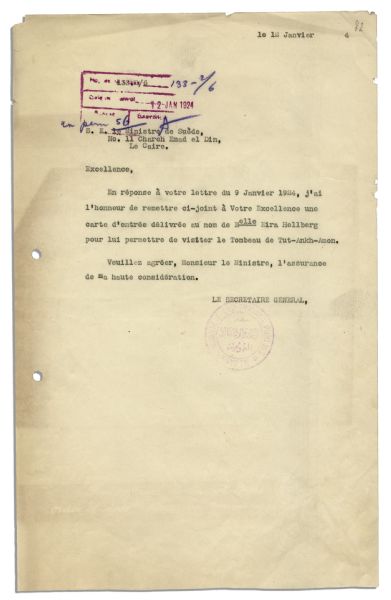 Letter From the Swedish Legation to the Egyptian Government Regarding a Foreign Visitor to King Tut's Tomb in 1924