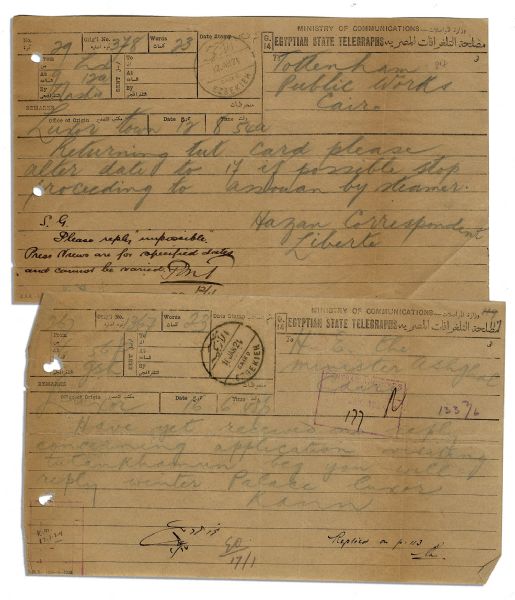 Two Telegrams Pertaining to Press Coverage of King Tut's Tomb, Sent in 1923 & 1924 -- ''...received no reply concerning visiting Tutankhamun beg you will reply...''