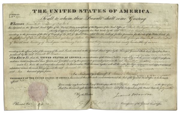 President James Monroe 1824 Land Grant Signed