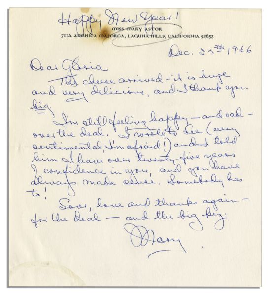 Mary Astor Autograph Letter Signed to Her Agent Gloria Safier -- ''...I'm still feeling happy -- and sad -- over the deal...''