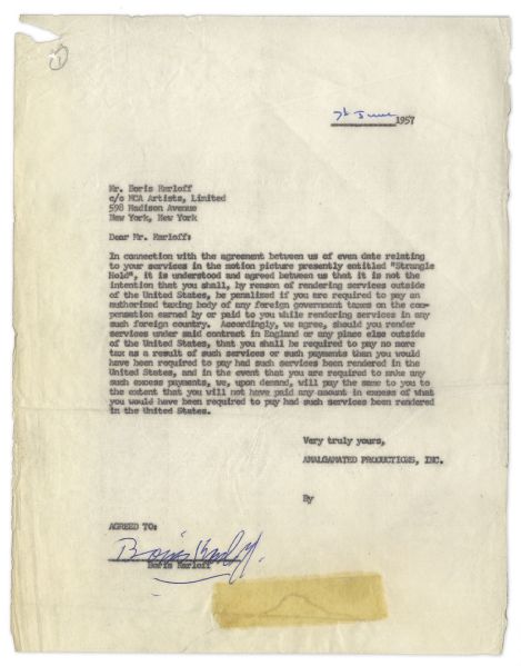 Boris Karloff Contract Signed -- Regarding His Performance in ''The Haunted Strangler''