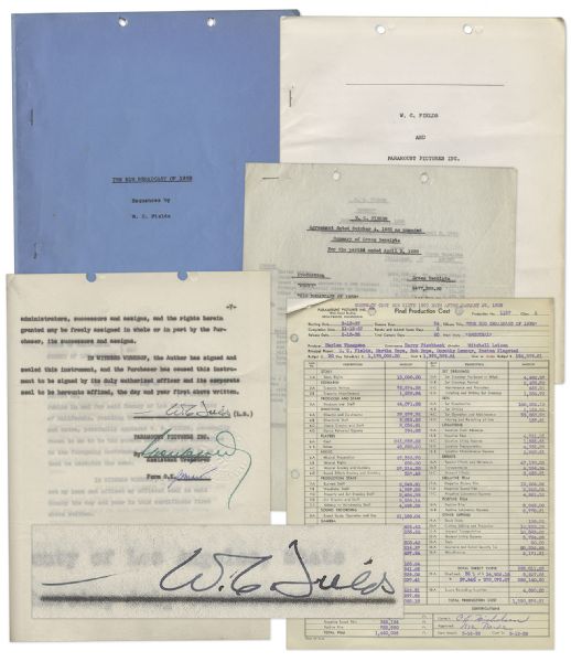 W.C. Fields Signed Contract for ''The Big Broadcast of 1938'' -- Bob Hope's Film Debut -- Lot Also Includes Script Listing Comedy Sequences & Detailed Cost Statement for Film