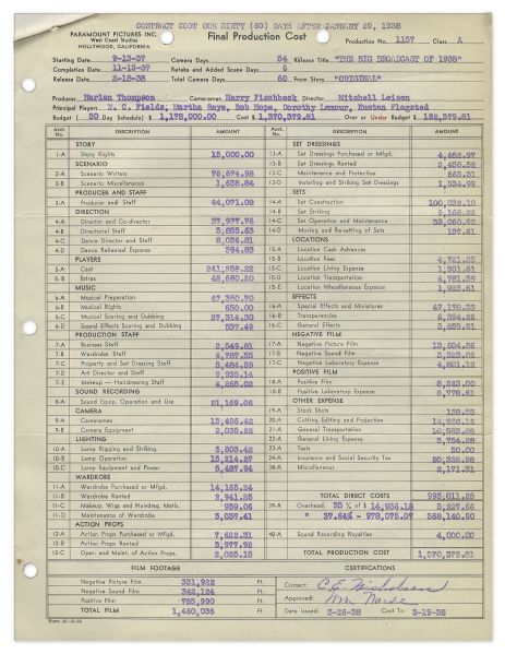 W.C. Fields Signed Contract for ''The Big Broadcast of 1938'' -- Bob Hope's Film Debut -- Lot Also Includes Script Listing Comedy Sequences & Detailed Cost Statement for Film