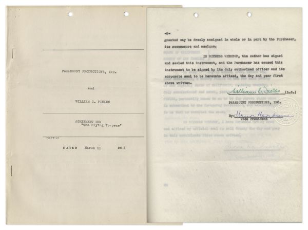W.C. Fields Signed Contract for ''Man on The Flying Trapeze''