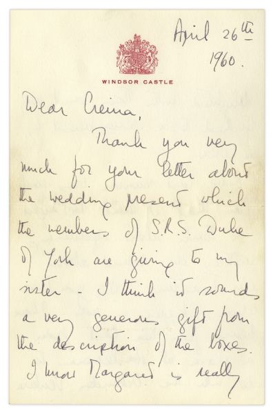 Queen Elizabeth II Autograph Letter Signed From 1960 -- ''...The last reunion was such fun that I think we ought to think about organising another one round about Christmas time!...''