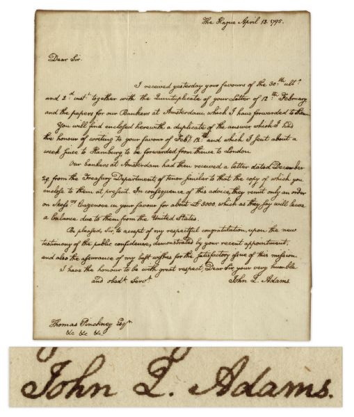 John Q. Adams Autograph Letter Signed to Thomas Pinckney -- ''...accept my respectful congratulation and also the assurance of my best wishes for the satisfactory issue of this mission...''