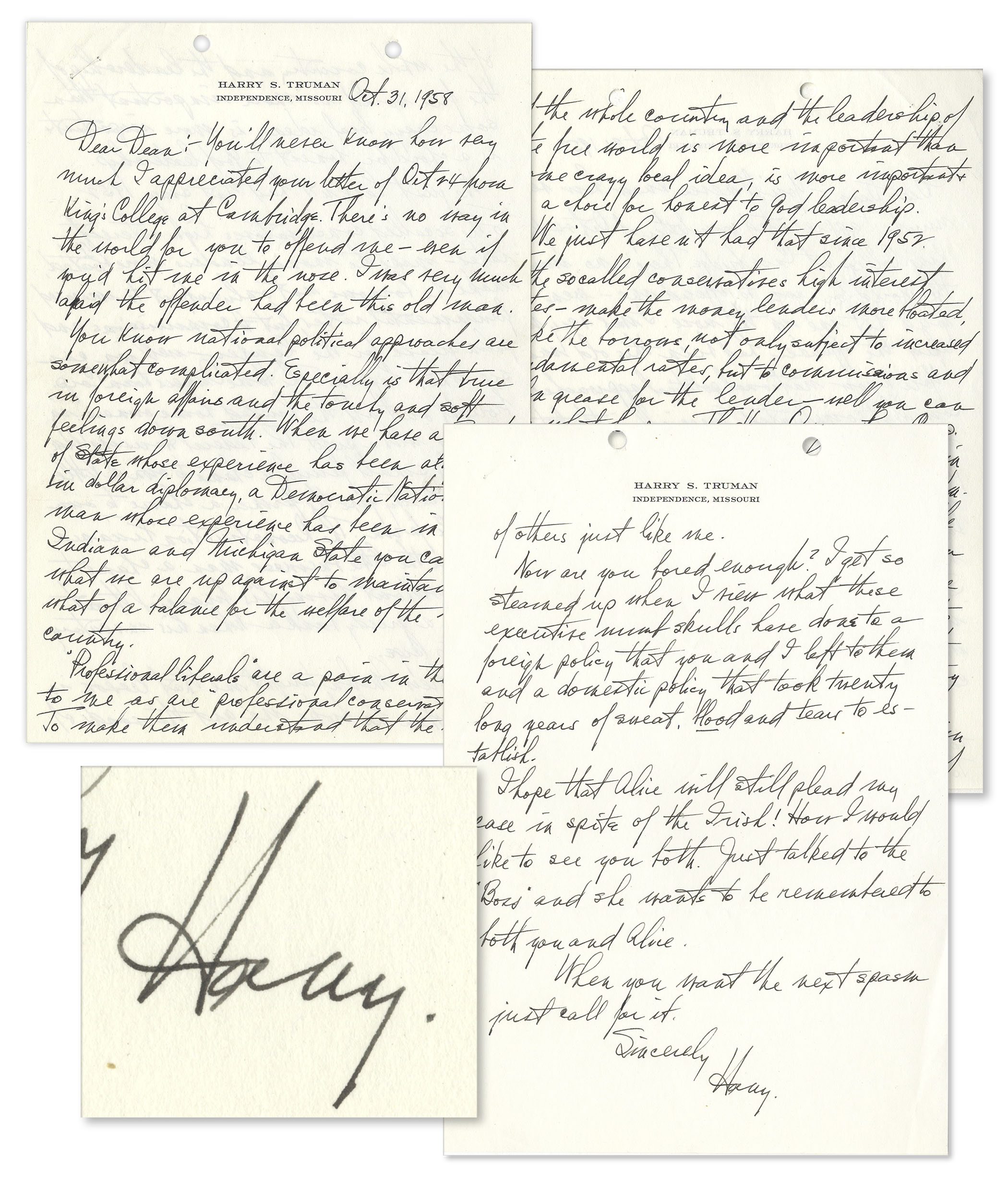 Harry Truman Memorabilia Fantastic, Fiery Harry Truman ALS, to Dean Acheson in 1958 -- ''...I get so steamed up when I view what these executive numb skulls have done to a foreign policy that you and I left to them...''