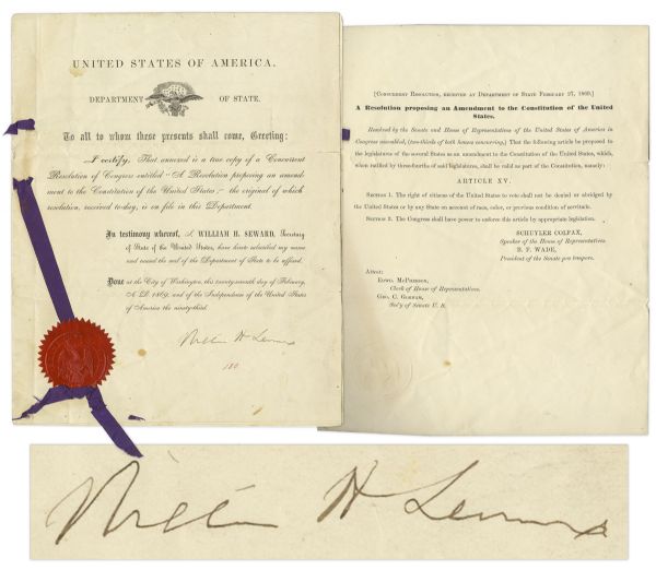 William H. Seward Signed Resolution Bringing the 15th Amendment to Congress -- ''...The right of citizens of the United States to vote shall not be denied...on account of race, color...''