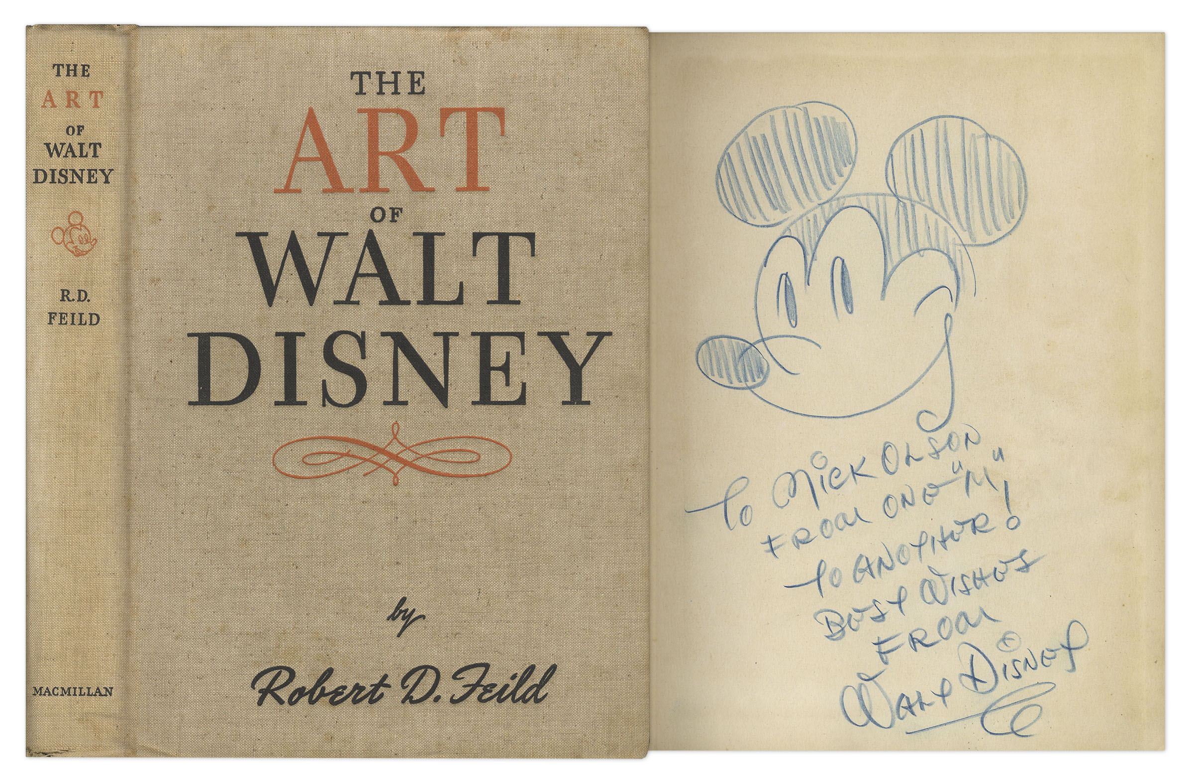 Walt Disney Autograph Walt Disney Signed Drawing of Mickey Mouse -- Sketched Within a First Edition Copy of "The Art of Walt Disney" -- An Exceptionally Rare Disney Piece