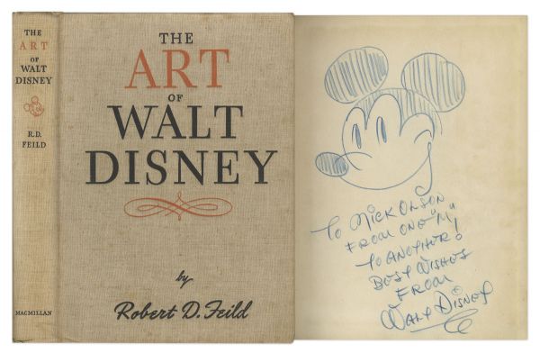 Walt Disney Signed Drawing of Mickey Mouse -- Sketched Within a First Edition Copy of The Art of Walt Disney -- An Exceptionally Rare Disney Piece
