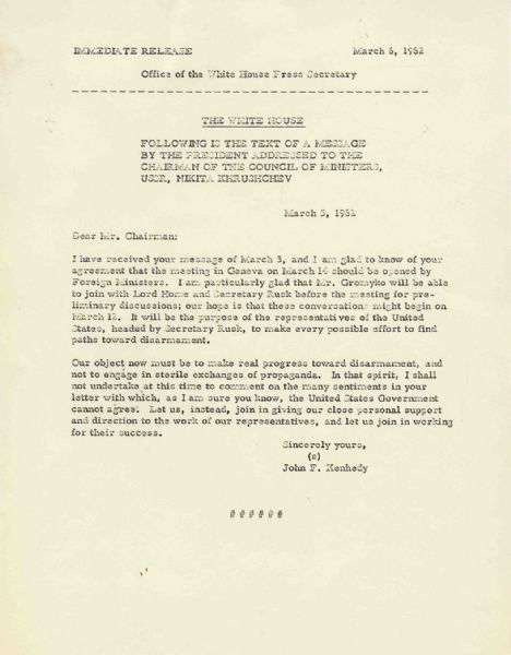 JFK Press Release -- Message to Khrushchev Regarding Nuclear Disarmament Shortly Before Cuban Missile Crisis