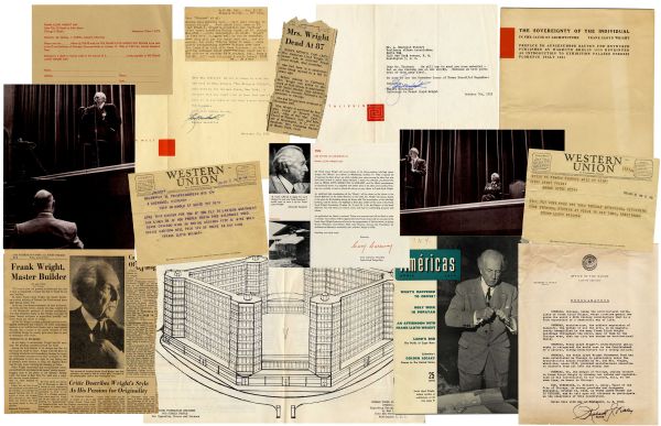 Fascinating 1950's Frank Lloyd Wright Lot -- Includes Telegrams, Unpublished Photos, Early Publications and Several Other Documents Relevant to the Renowned Architect