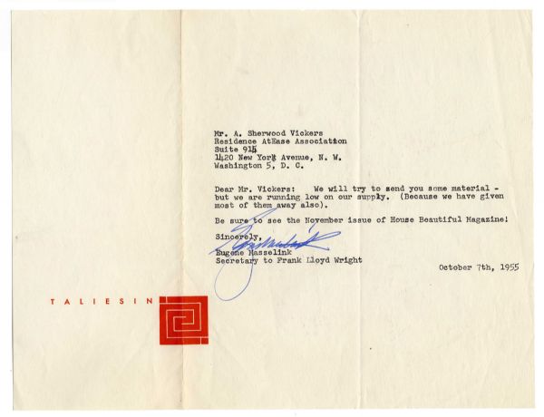 Fascinating 1950's Frank Lloyd Wright Lot -- Includes Telegrams, Unpublished Photos, Early Publications and Several Other Documents Relevant to the Renowned Architect