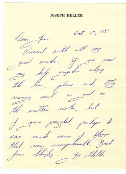 'Catch-22'' Author Joseph Heller Autograph Letter Signed -- ''...My memory isn't as good as the written notes, but if you're puzzled, perhaps I can make sense of things...''