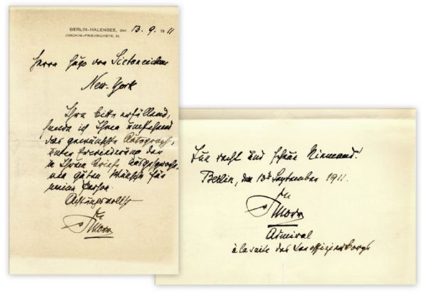 Admiral Eduard von Knorr Handwritten Letter Twice-Signed -- Credited With Establishing Germany's Colonial Empire -- Dated 1911 on Knorr's Letterhead, in German -- 4.5'' x 7'' -- Very Good