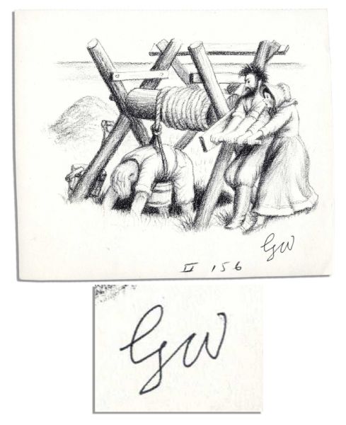 Garth Williams Signed Print From the 1953 Edition of ''Little House on the Prairie'' -- Ma and Pa Drag Mr. Scott From the Bottom of the Well