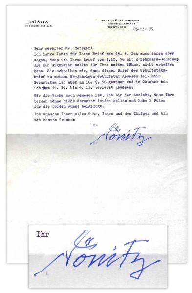 German Admiral Karl Donitz Typed Letter Signed -- Hitler's Successor