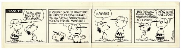 Charles Schulz Hand-Drawn ''Peanuts'' Strip Featuring Baseball Content With Charlie Brown & Snoopy -- Charlie Brown Makes Snoopy Manager of the Baseball Team -- 1968