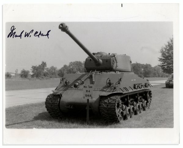 General Mark Clark 10'' x 8'' Glossy Signed Photo of a WWII Tank -- Near Fine