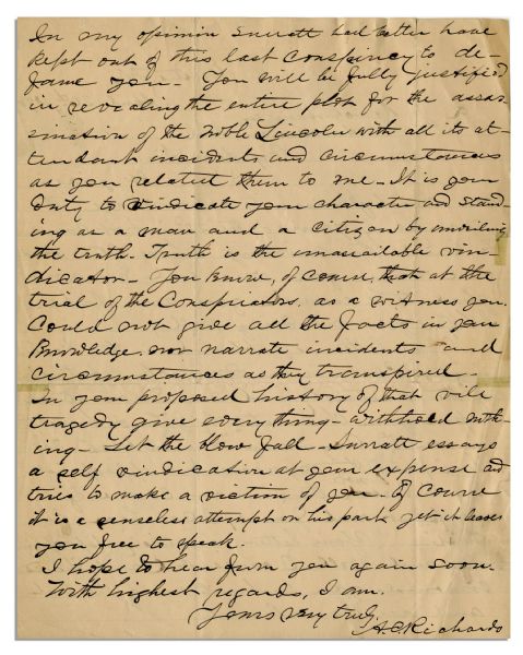 Eyewitness Letter to President Abraham Lincoln's Assassination -- ''...You will be fully justified in revealing the entire plot for the assassination of the noble Lincoln...''