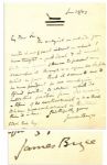 British Politician James Bryce Autograph Letter Signed -- ...to abstain...from discussing a topic of so controversial a nature...It is even more controversial in Britain than it is here...