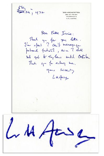W.H. Auden 1972 Autograph Letter Signed