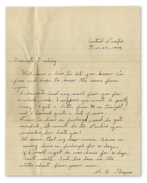 Rene Gagnon Autograph Letter Signed 4 Times -- Less Than 3 Months Before Iwo Jima -- ''...in this Island Paradise if it doesn't rain, its so windy you wish the heck it was raining...''