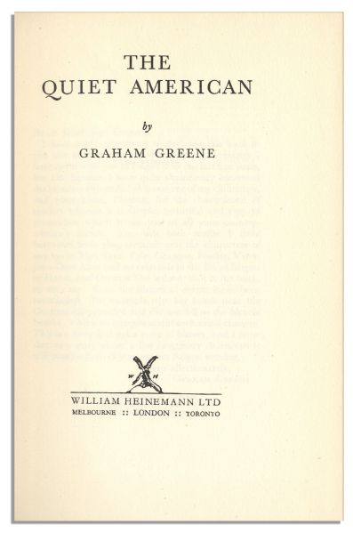 Graham Greene Signed Edition of ''The Quiet American'' -- Dedicated to Actress Helen Hayes' Son