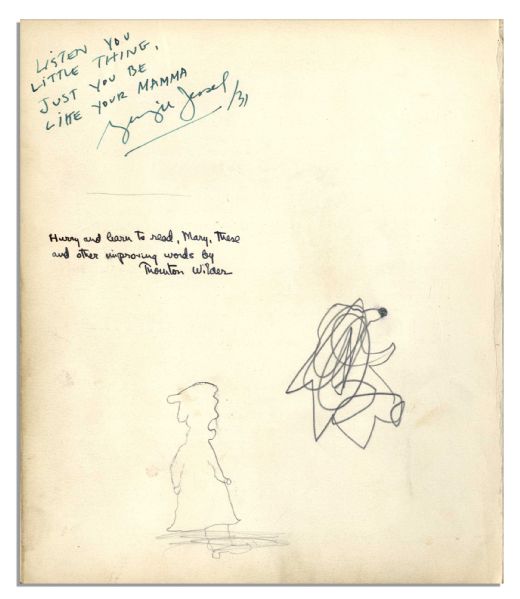 Thornton Wilder & George Jessel Signed Inscriptions to the Daughter of Helen Hayes -- ''Listen you little thing, Just you be like your Mamma...''