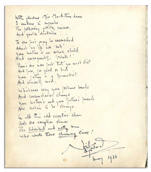 Noel Coward Handwritten & Signed Poem -- Composed in 1933 for Helen Hayes' Daughter -- ''...The talented and witty man / Who wrote these charming lines! / Noel Coward...''