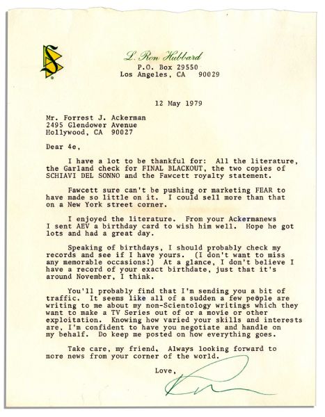 L. Ron Hubbard Signed Letter -- ''...I could sell more than that on a New York street corner...people are writing to me about my non-Scientology writings...''