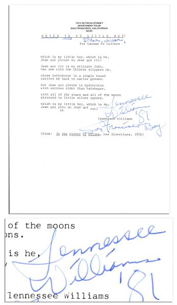 Tennessee Williams Typed Poem Signed -- ''Tennessee Williams '81 / For Francisco Bay''