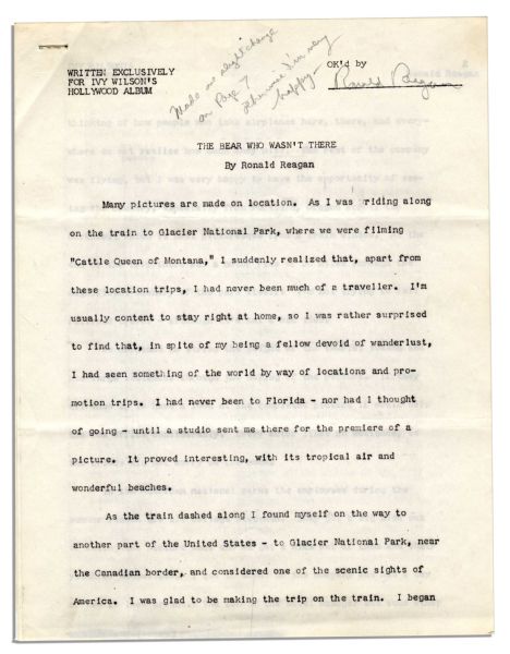 Ronald Reagan Signed Short Story About Filming ''The Cattle Queen of Montana'' -- Also With Reagan's Hand-Notations: ''Made one slight change on Page 7 otherwise I'm very happy''