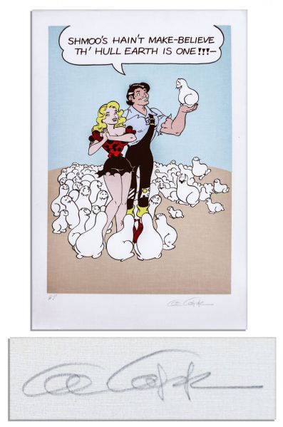 Al Capp ''Li'l Abner'' Large Colorful Poster on Canvas -- Featuring Abner, Daisy Mae & Shmoos -- Signed ''Al Capp'' in Pencil -- 24'' x 36'' -- Near Fine